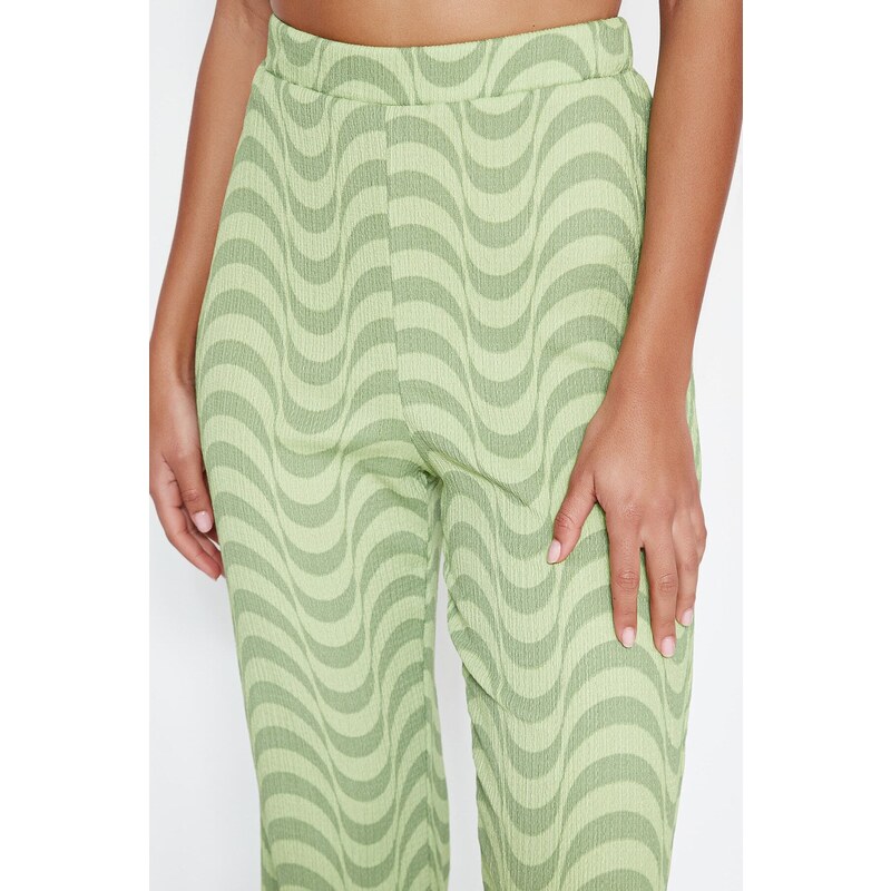 Trendyol Green Wrinkled Wide Leg/Relaxed Cut High Waist Knitted Trousers