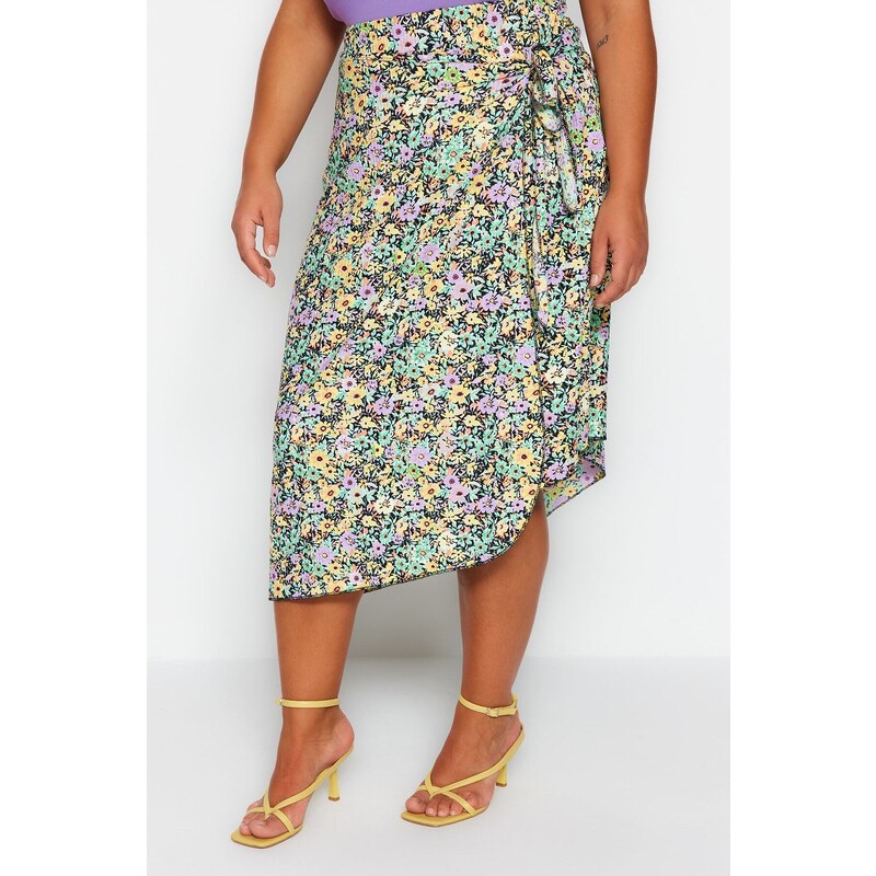 Trendyol Curve Multicolored Floral Patterned Wrap Knitted Skirt