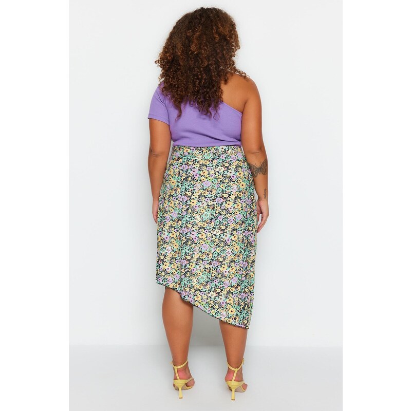 Trendyol Curve Multicolored Floral Patterned Wrap Knitted Skirt