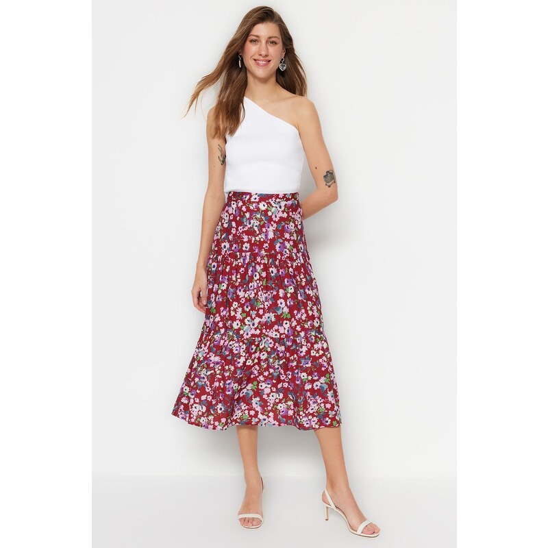 Trendyol Multi-Colored Midi Skirt with Ruffles and Viscose Fabric with a Floral Pattern