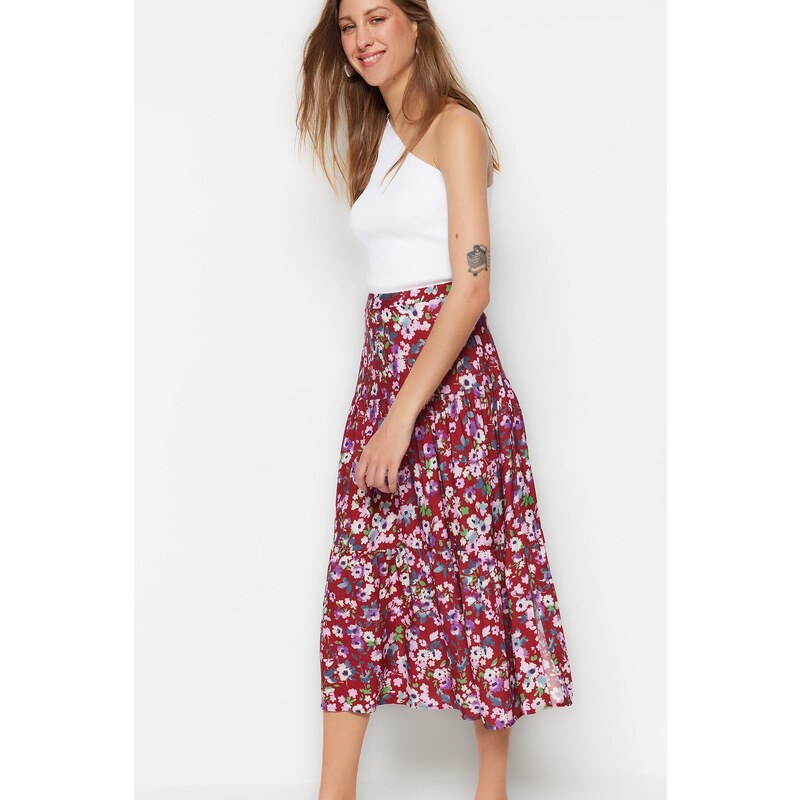 Trendyol Multi-Colored Midi Skirt with Ruffles and Viscose Fabric with a Floral Pattern