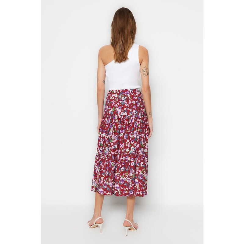 Trendyol Multi-Colored Midi Skirt with Ruffles and Viscose Fabric with a Floral Pattern