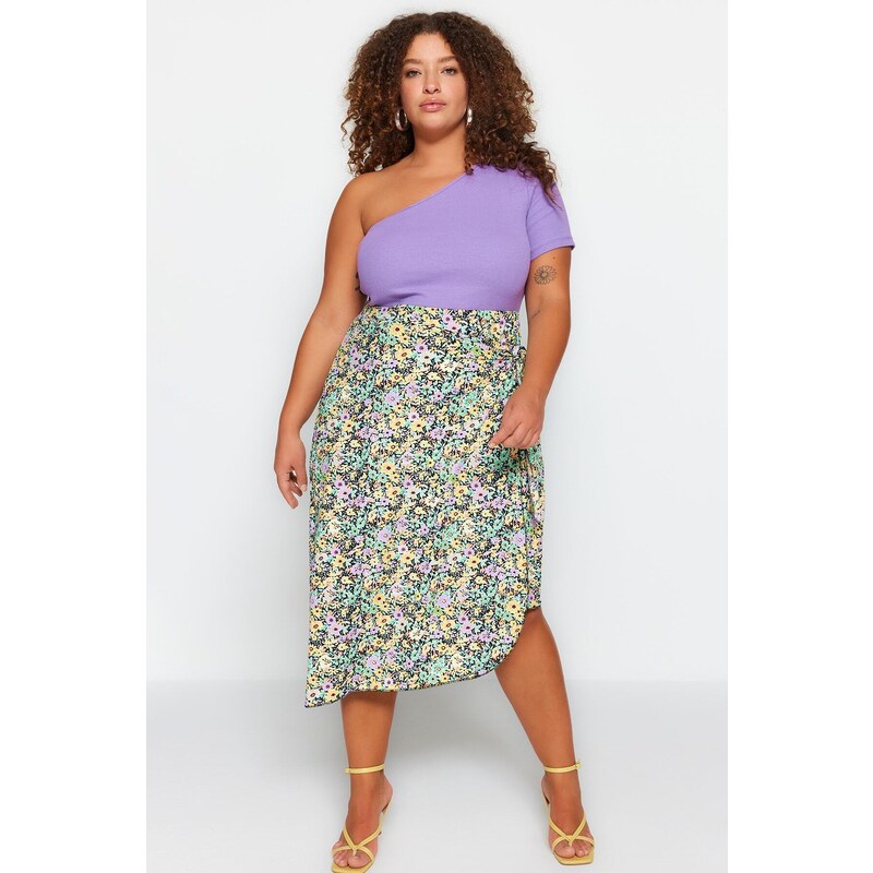 Trendyol Curve Multicolored Floral Patterned Wrap Knitted Skirt