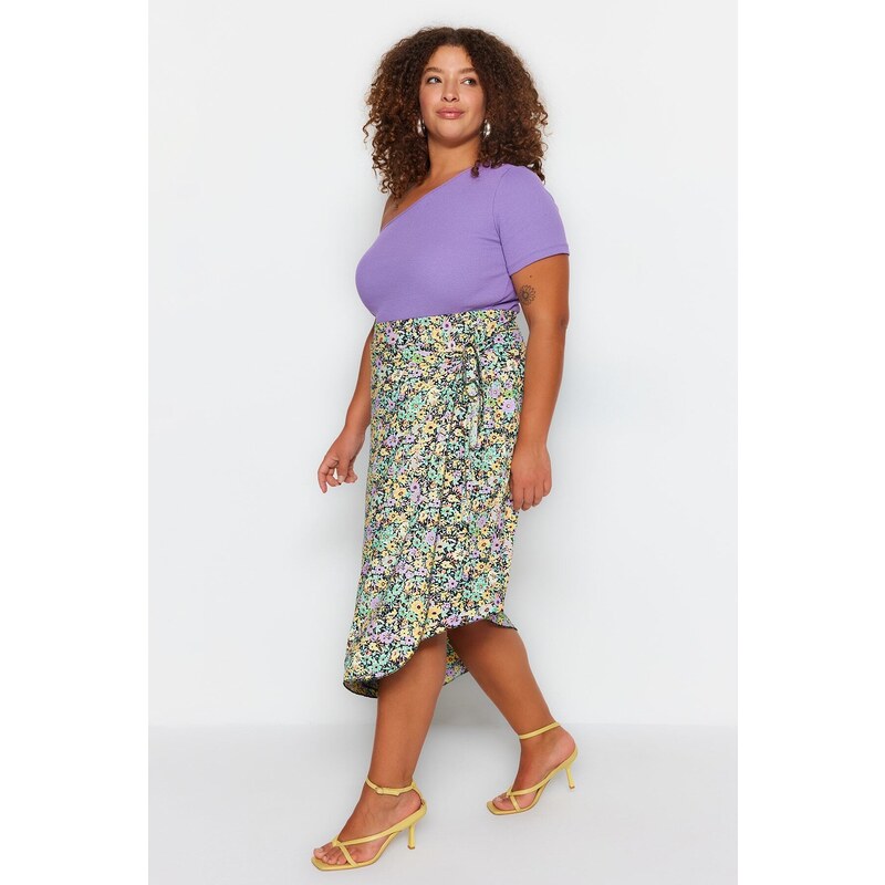 Trendyol Curve Multicolored Floral Patterned Wrap Knitted Skirt