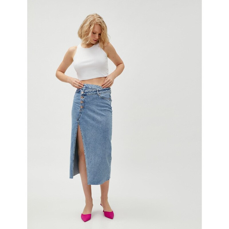 Koton Denim Skirt with Slits, Button Detailed, Pocket. Cotton