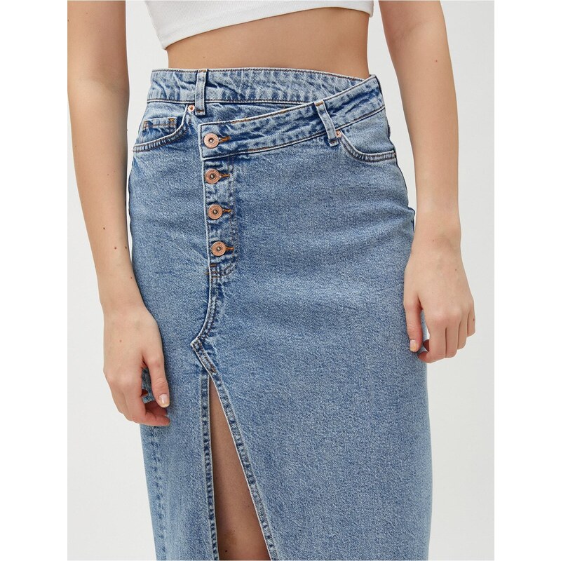 Koton Denim Skirt with Slits, Button Detailed, Pocket. Cotton