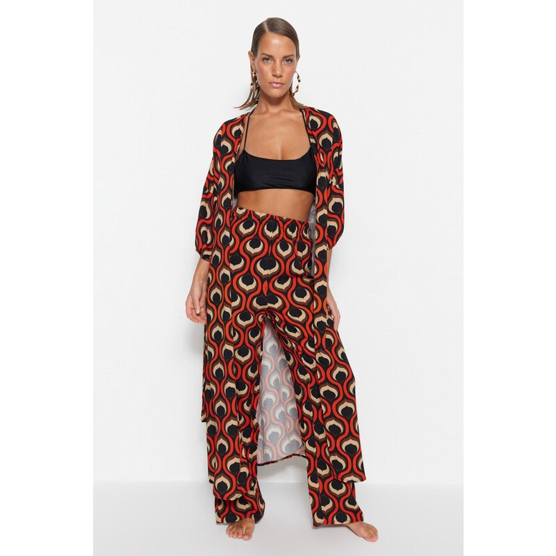 Trendyol Geometric Patterned Belted Maxi Woven Balloon Sleeve