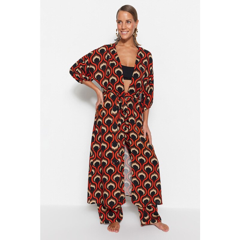 Trendyol Geometric Pattern Belted Maxi Woven Kimono & Kaftan with Balloon Sleeves