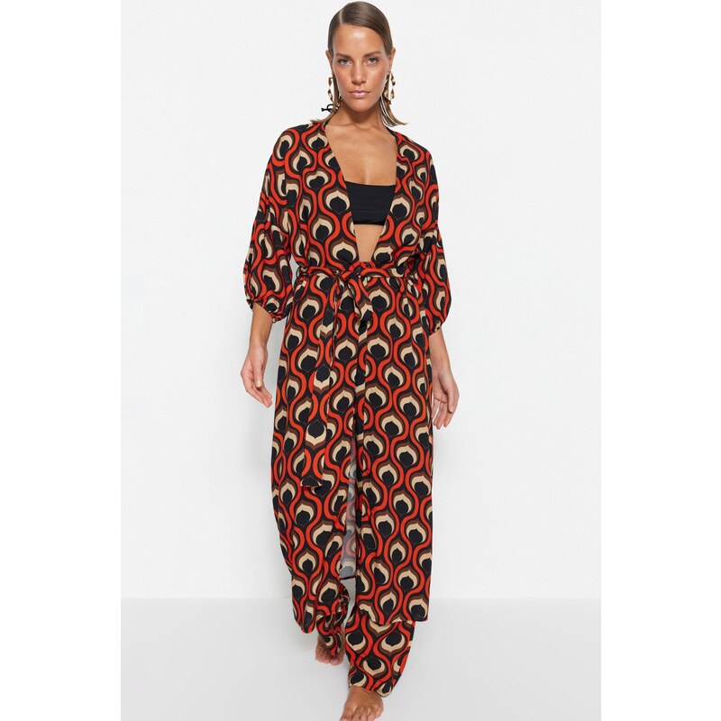 Trendyol Geometric Pattern Belted Maxi Woven Kimono & Kaftan with Balloon Sleeves