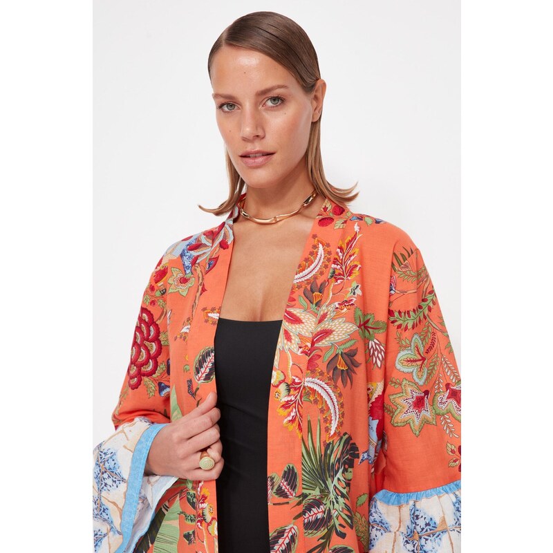 Trendyol Floral Pattern Belted Mini-Weave 100% Cotton Kimono & Caftan