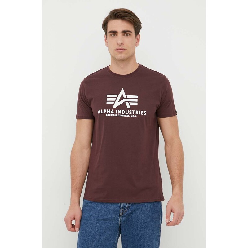 Bavlněné tričko Alpha Industries Basic T-Shirt vínová barva, s potiskem, 100501.21