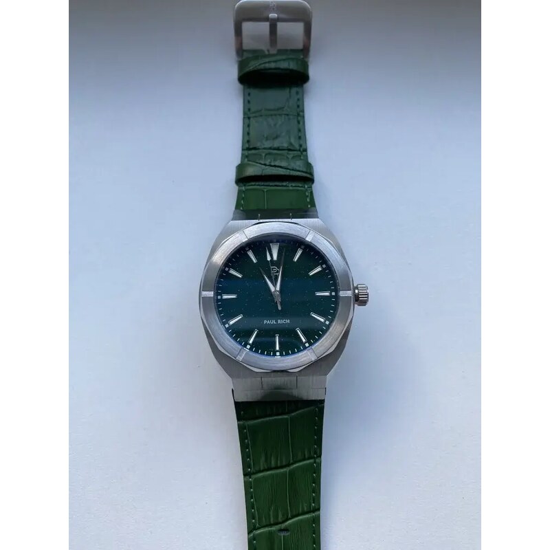 Stříbrné pánske hodinky Paul Rich s páskem z pravé kůže Star Dust - Leather Green Silver 45MM