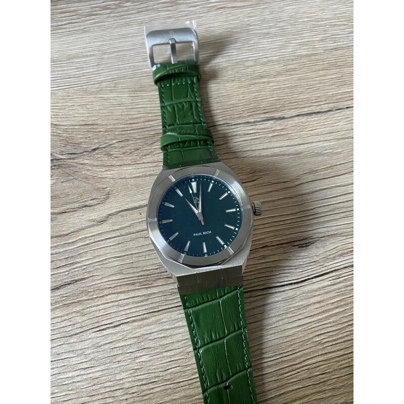 Stříbrné pánske hodinky Paul Rich s páskem z pravé kůže Star Dust - Leather Green Silver 45MM