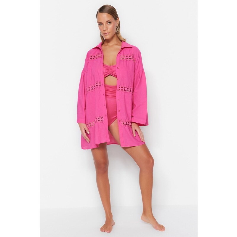 Trendyol Pink Woven Stripe Accessorized 100% Cotton Shirt