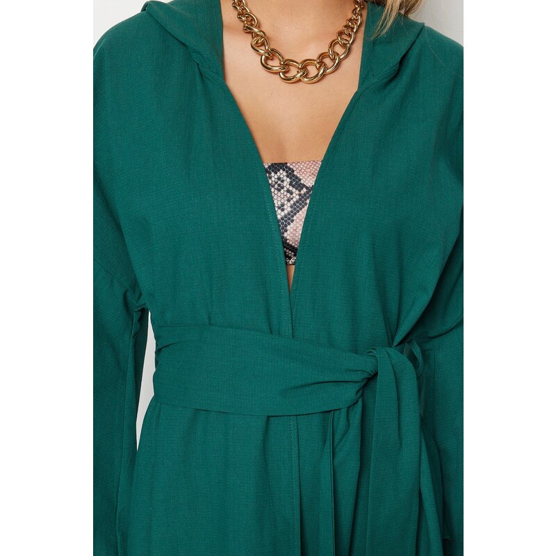 Trendyol Green Belted Maxi Woven Hooded 100% Cotton Kimono & Caftan