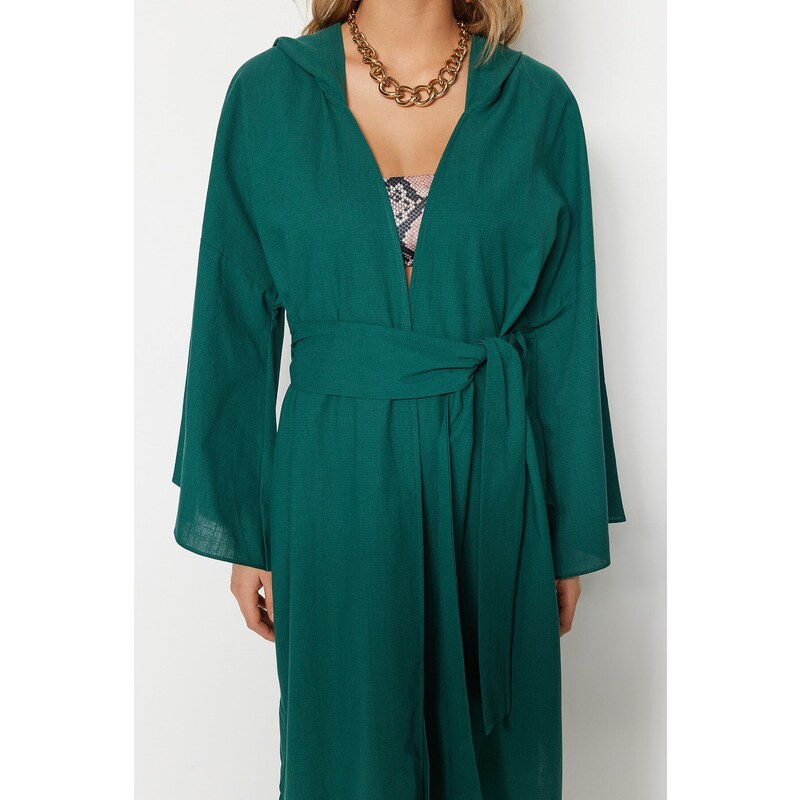 Trendyol Green Belted Maxi Woven Hooded 100% Cotton Kimono & Caftan