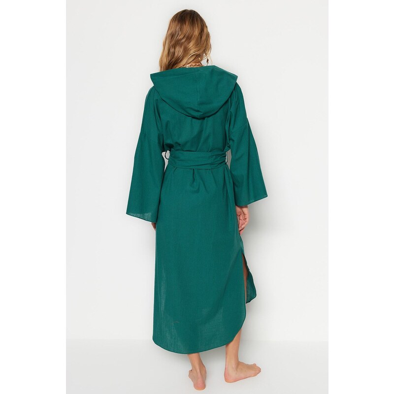 Trendyol Green Belted Maxi Woven Hooded 100% Cotton Kimono & Caftan