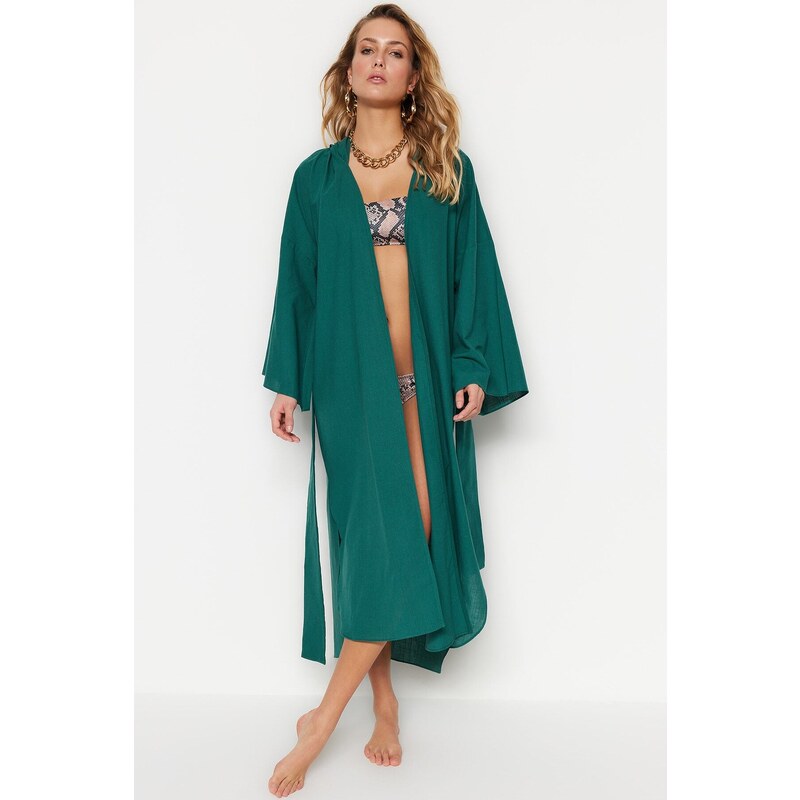 Trendyol Green Belted Maxi Woven Hooded 100% Cotton Kimono & Caftan