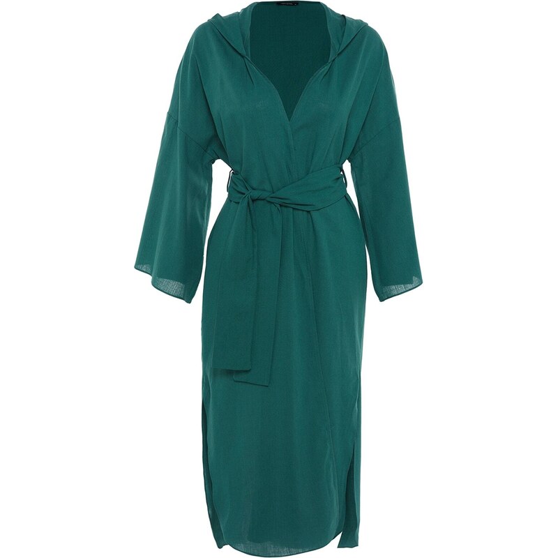Trendyol Green Belted Maxi Woven Hooded 100% Cotton Kimono & Caftan