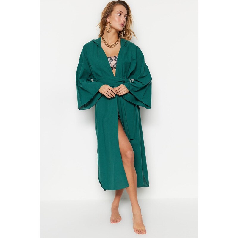 Trendyol Green Belted Maxi Woven Hooded 100% Cotton Kimono & Caftan