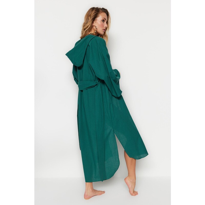 Trendyol Green Belted Maxi Woven Hooded 100% Cotton Kimono & Caftan