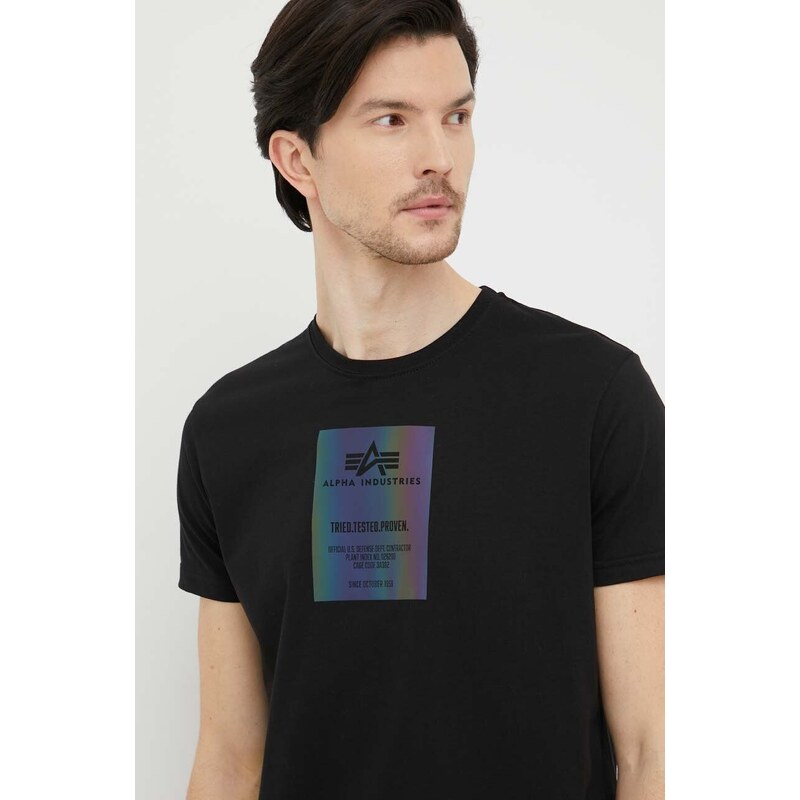 Bavlněné tričko Alpha Industries černá barva, s potiskem, 126501RR.03-Black