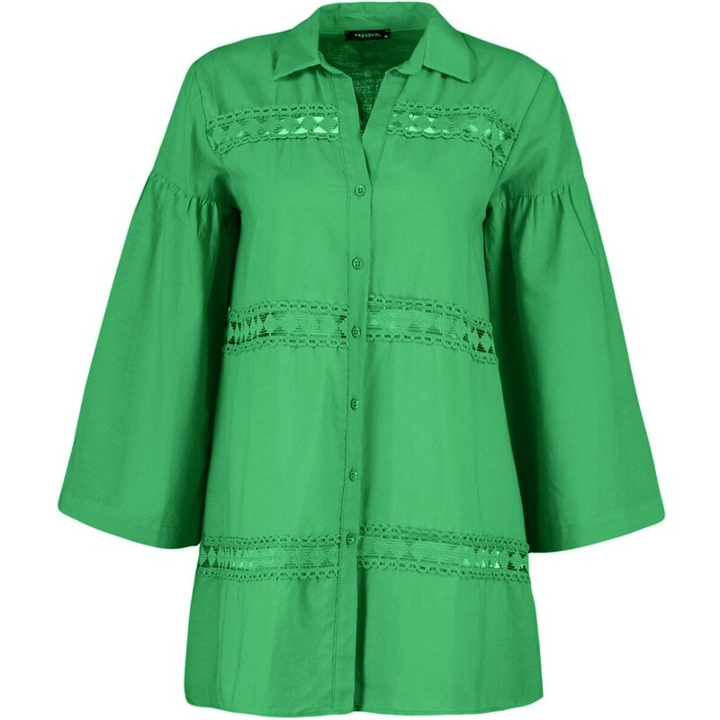 Trendyol Green Woven Stripe Accessories 100% Cotton Shirt