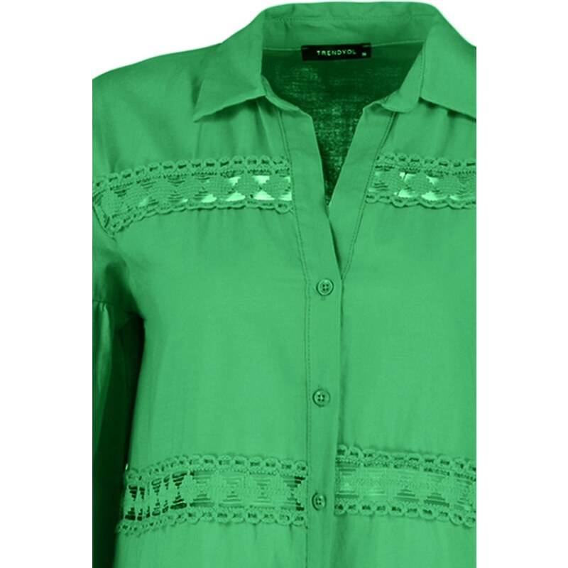 Trendyol Green Woven Stripe Accessories 100% Cotton Shirt