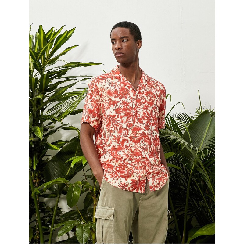 Koton Floral Print Shirt with Short Sleeves Turndown Collar