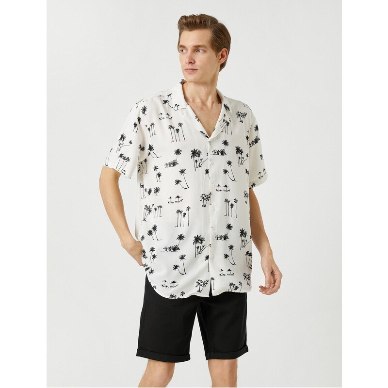 Koton Summer Shirt with Short Sleeves, Turndown Collar Palm Printed