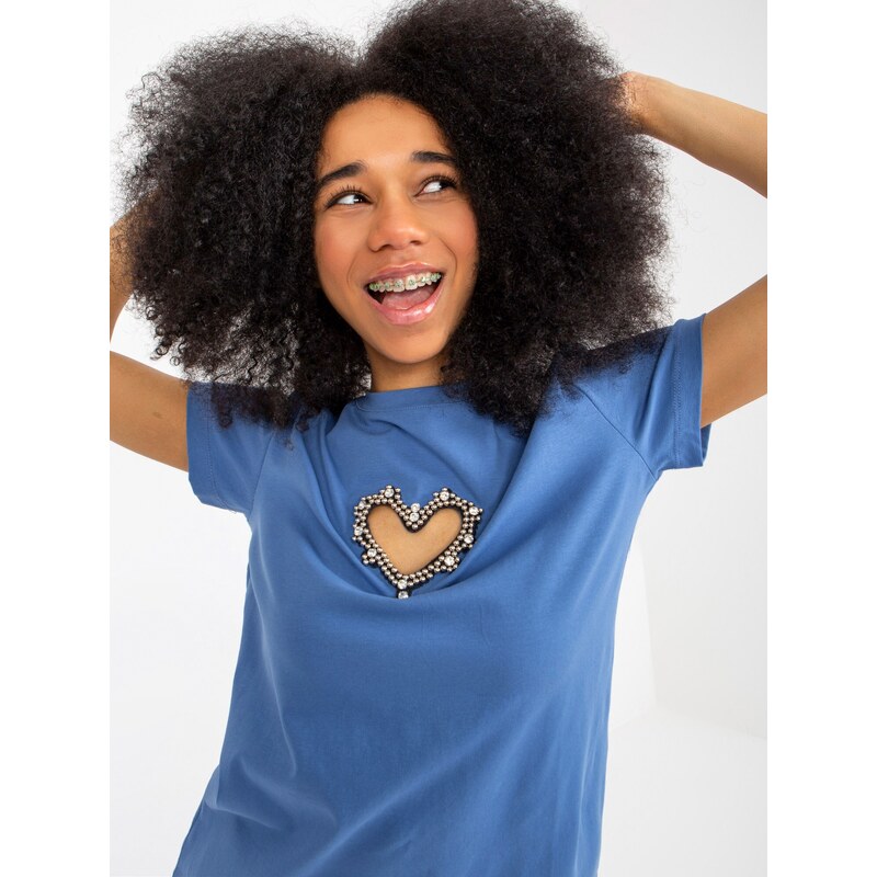 Fashionhunters Tmavě modré dámské tričko s aplikací