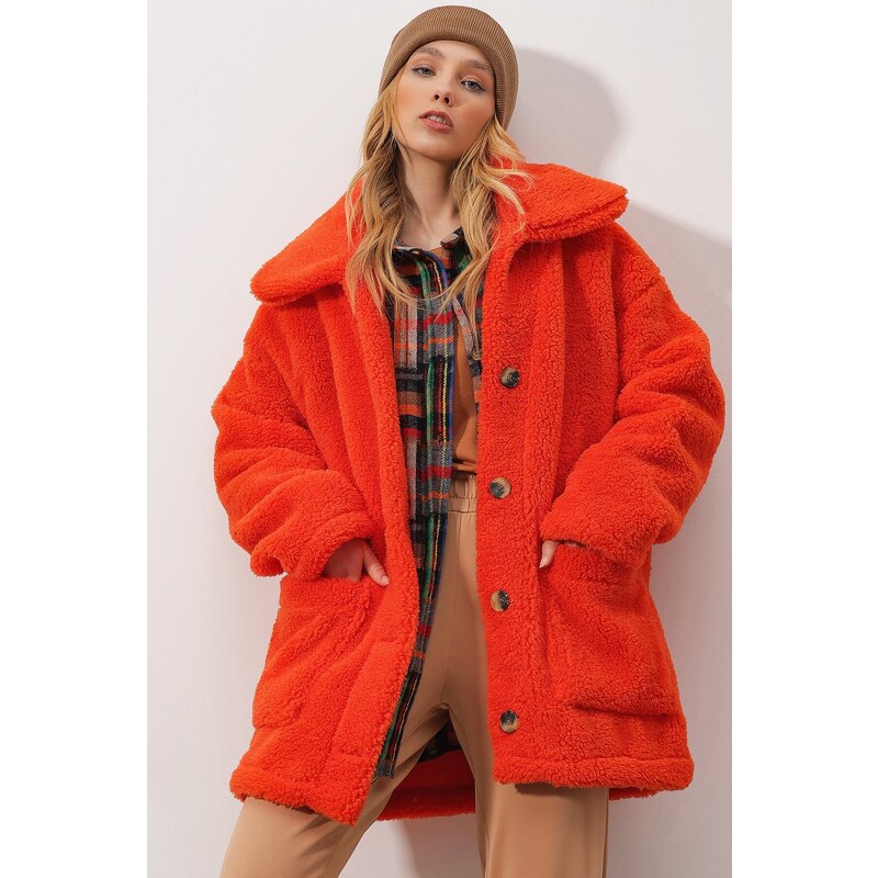Trend Alaçatı Stili Women's Orange Polo Collar Double Pocketed Plush Coat