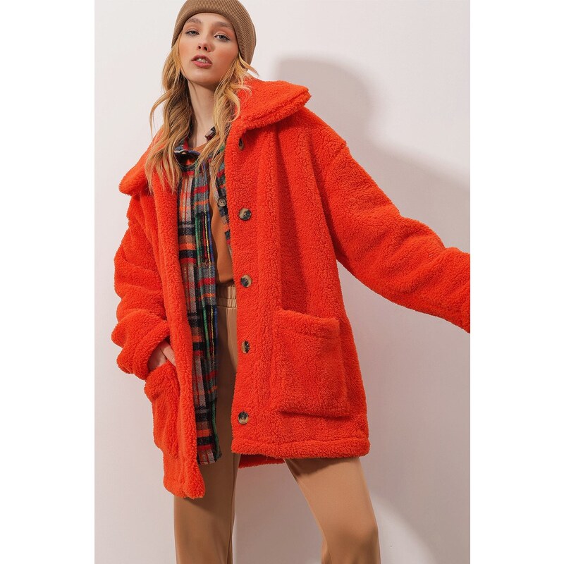 Trend Alaçatı Stili Women's Orange Polo Collar Double Pocketed Plush Coat