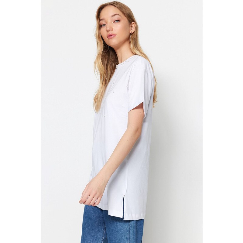 Trendyol White Half Sleeve Knitted Pearl Detailed T-shirt