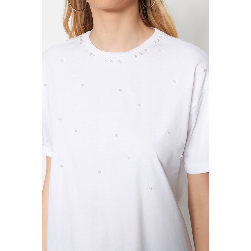 Trendyol White Half Sleeve Knitted Pearl Detailed T-shirt