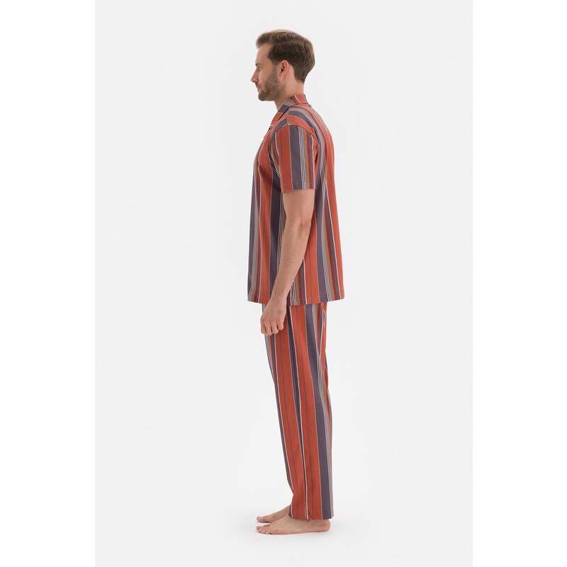 Dagi Claret Red Shirt Collar Striped Knitted Pajamas Set