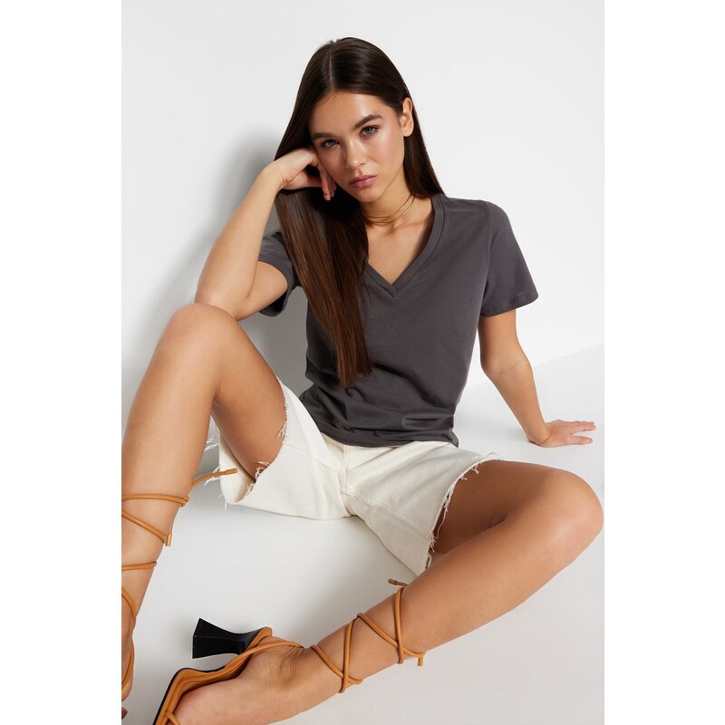 Trendyol Anthracite 100% Cotton Basic V-Neck Knitted T-Shirt 107262137
