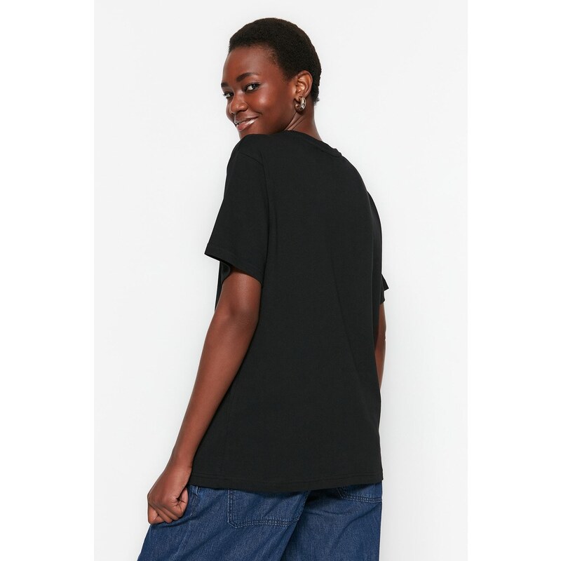Trendyol Black 100% Cotton Printed Crew Neck Boyfriend Knitted T-Shirt