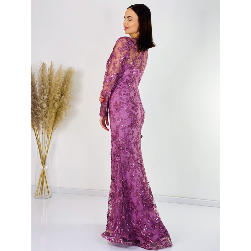 Webmoda Exkluzivní dámské dlouhé společenské šaty s flitry pro moletky - fialové