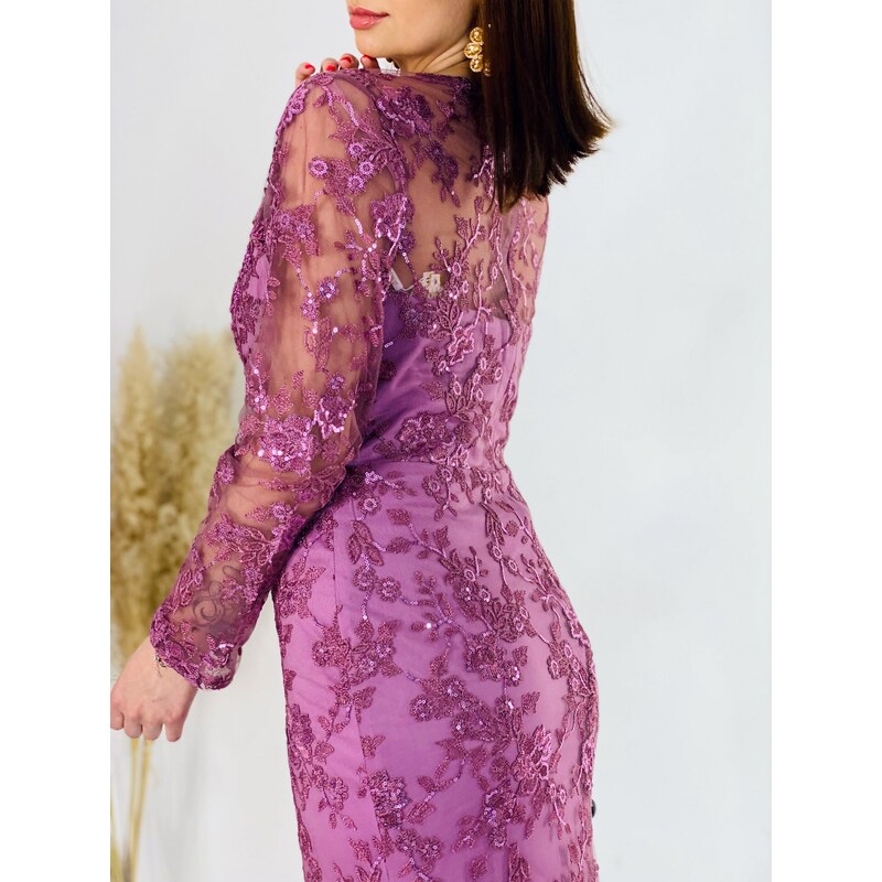 Webmoda Exkluzivní dámské dlouhé společenské šaty s flitry pro moletky - fialové