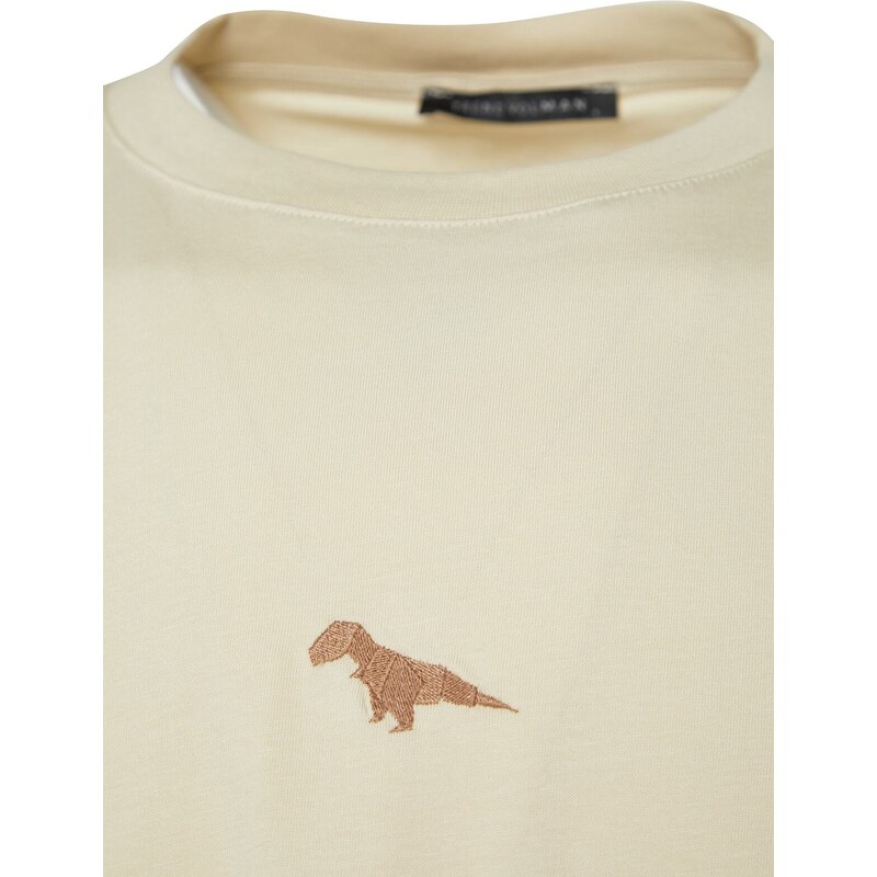 Trendyol Stone Oversize Fit Crew Neck Short Sleeve Dinosaur Embroidered T-Shirt