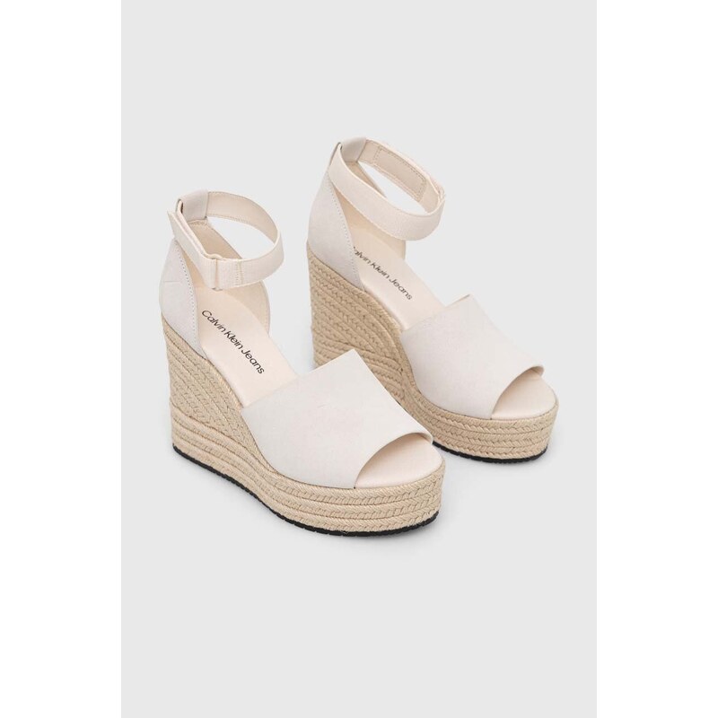 Sandály Calvin Klein Jeans WEDGE SANDAL WIDE SU CON dámské, béžová barva, na klínku, YW0YW00963