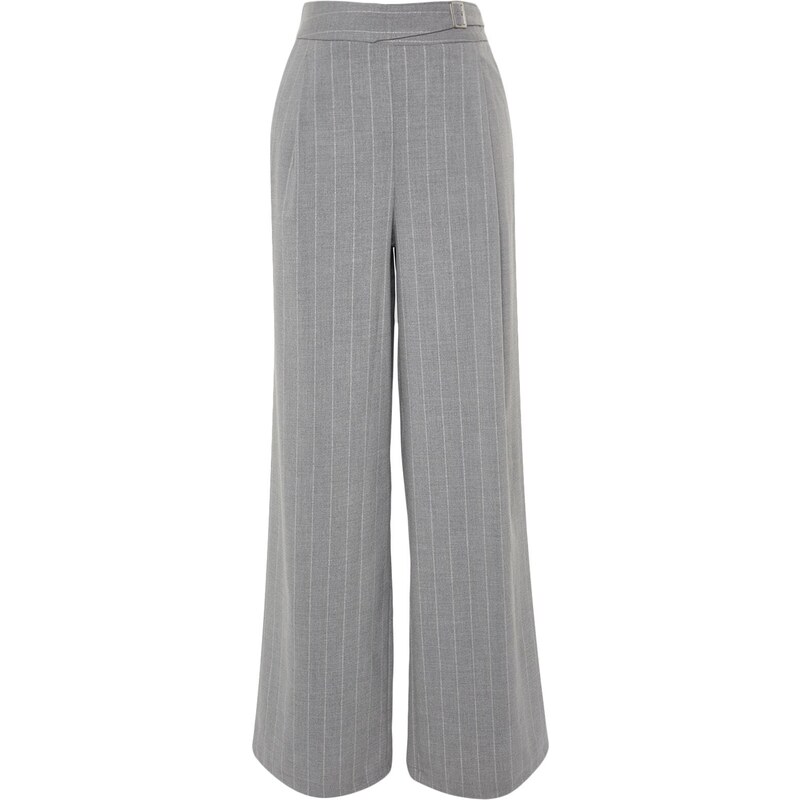 Trendyol šedé široké nohavice třpytky detailní tkané pruhované kalhoty