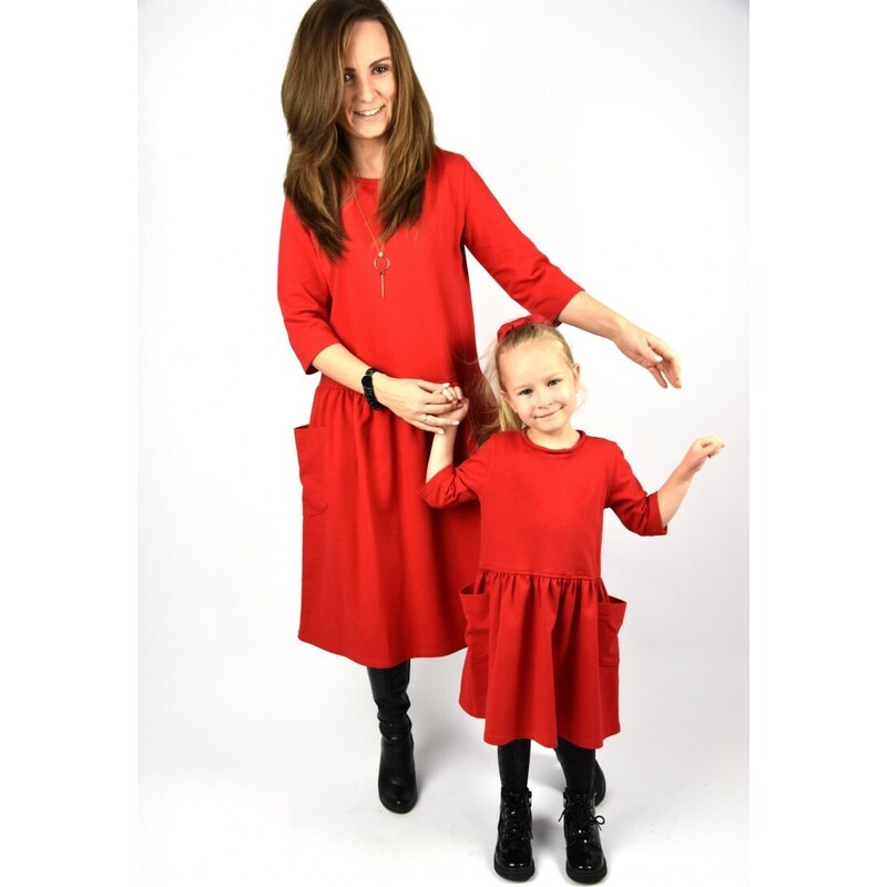 LOVEMADE Souprava šatů s kapsami pro maminku a dceru - červená