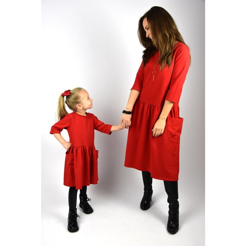 LOVEMADE Souprava šatů s kapsami pro maminku a dceru - červená