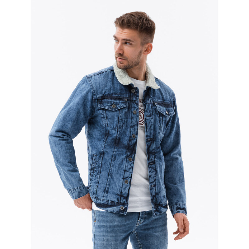 Ombre Clothing Pánská džínová bunda se šerpou - modrá V1 OM-JADJ-0125