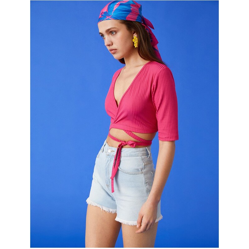 Koton Crop T-Shirt V-Neck Tie Detail