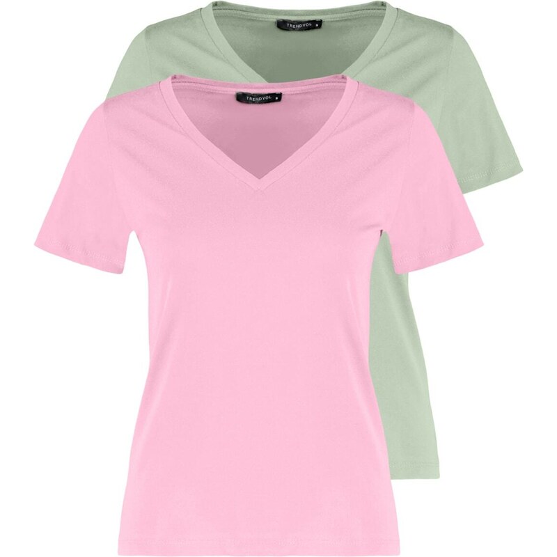 Trendyol Pink-Mint 100% Cotton 2-Pack Basic V-Neck Knitted T-Shirt