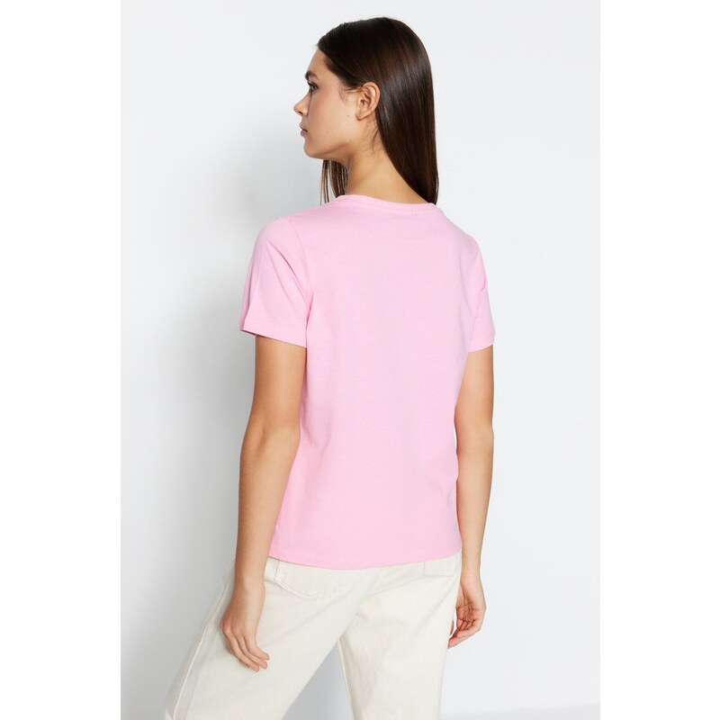 Trendyol Pink-Mint 100% Cotton 2-Pack Basic V-Neck Knitted T-Shirt