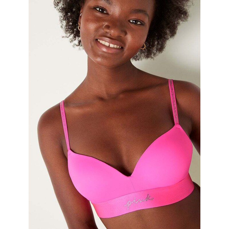 Victoria's Secret PINK růžová push-up podprsenka s kamínky bez kostic Wireless Push-Up Bra